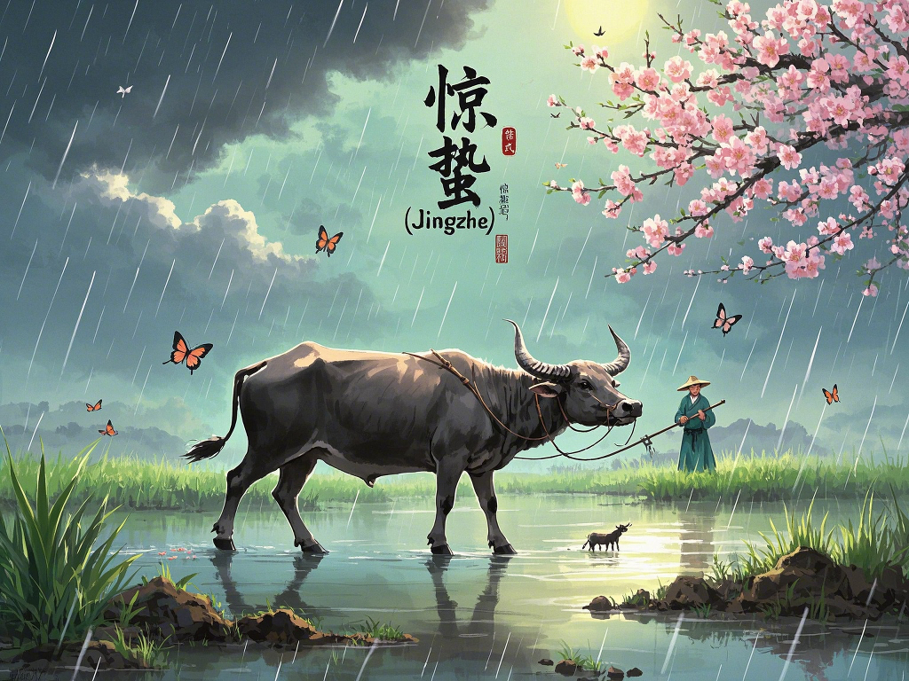 _Chinese solar term '惊蛰 (Jingzhe)', spring thunder piercing dark clouds, a farmer ploughing wet fiel....png